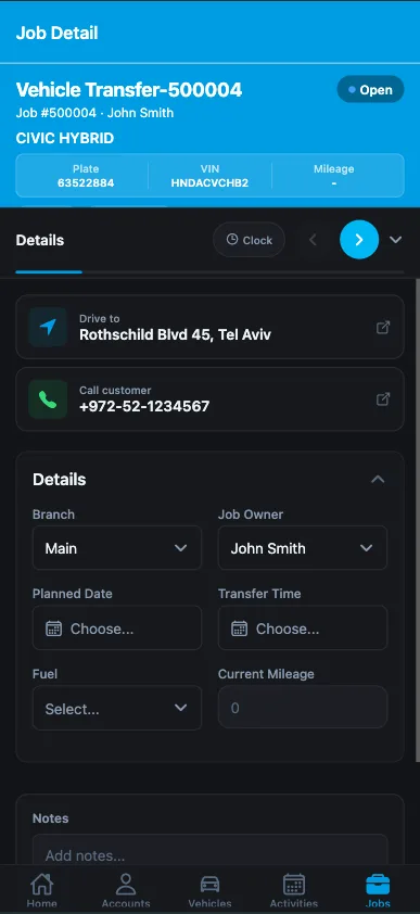 Field agent app — job detail with customer navigation and call shortcut