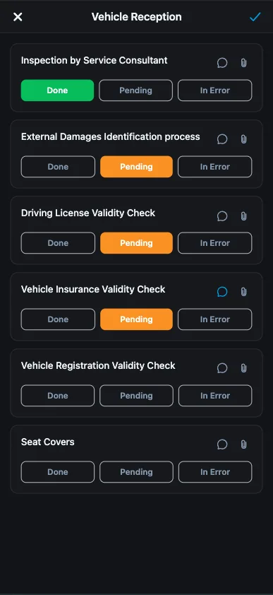 Field agent app — vehicle reception checklist with done, pending and error checks
