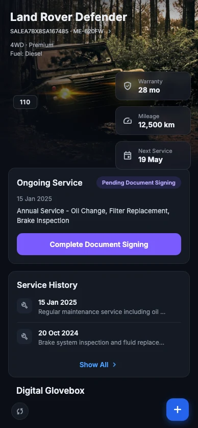 Mobile app — vehicle home screen for a Land Rover Defender with ongoing service