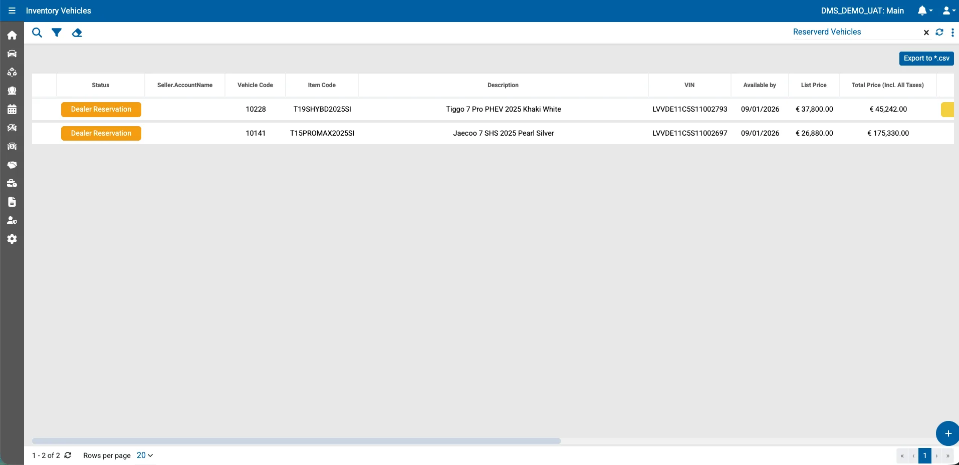 Reserved vehicles — reservations with availability dates and pricing