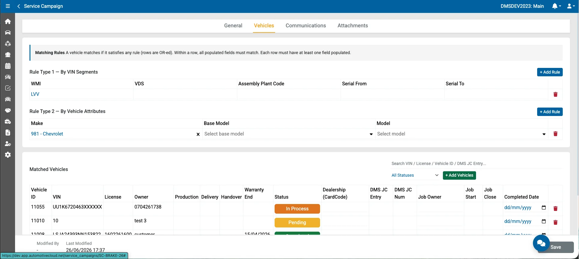 Campaign vehicles — VIN and attribute matching rules with matched-vehicle statuses