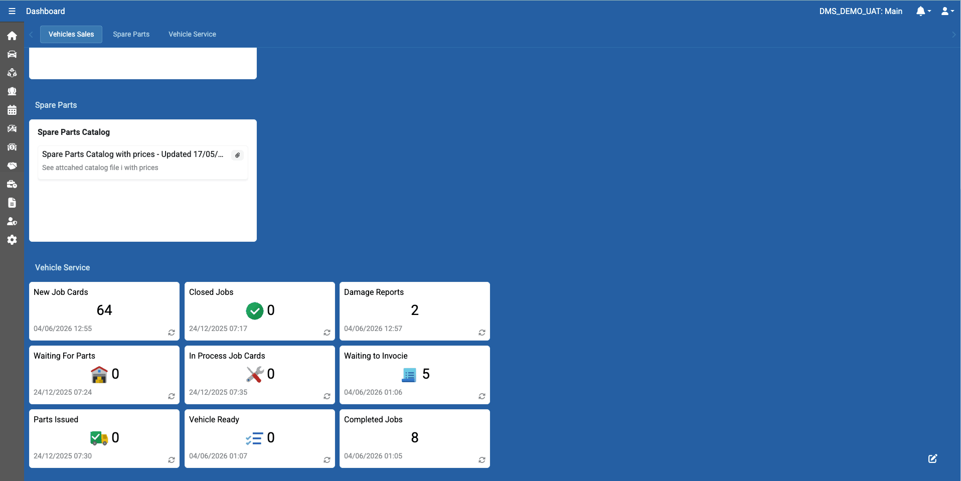 Service dashboard — job cards, workshop KPIs and daily throughput