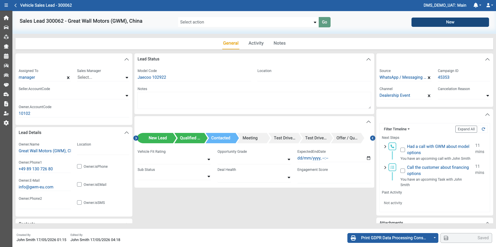Vehicle sales lead record — lead status, details, pipeline and next-step timeline