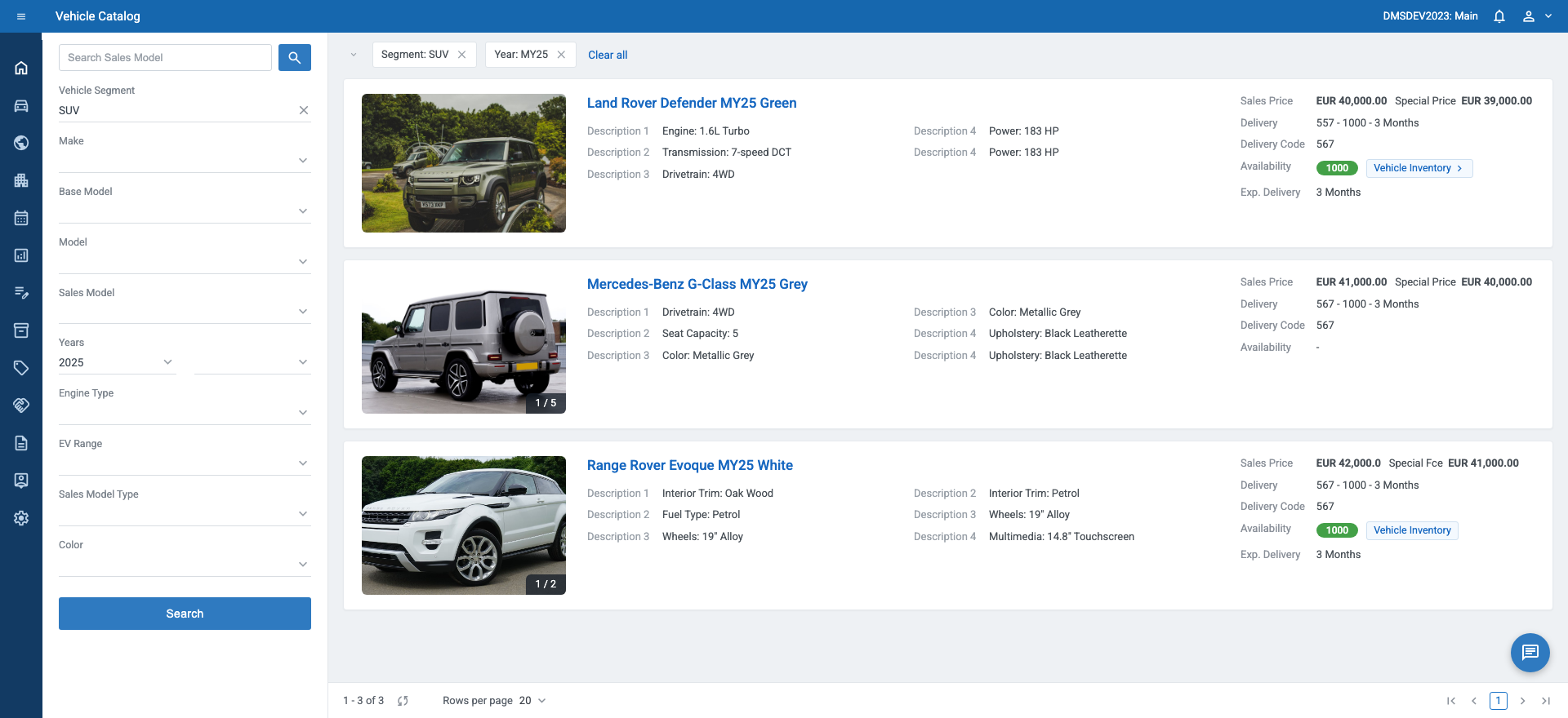 Vehicle Catalog — SUV models with photos, specs, prices, delivery and availability